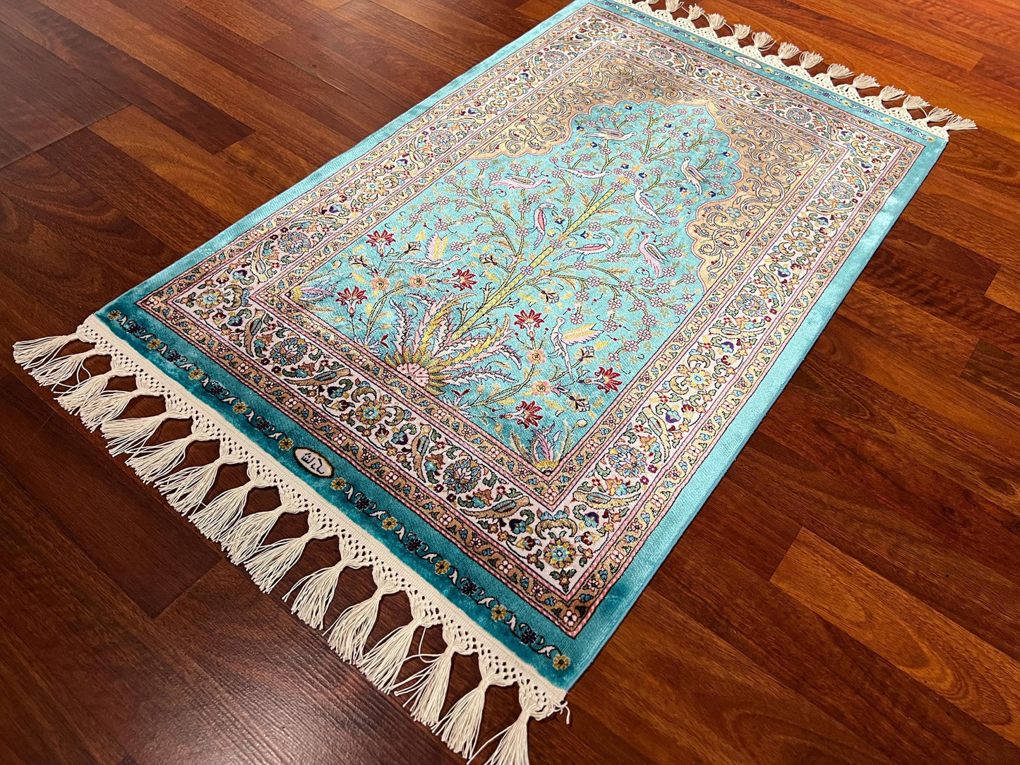Turquoise Silk Prayer Rug, Bird Tree Motif Janamaz, Luxury Islamic Gift Mat