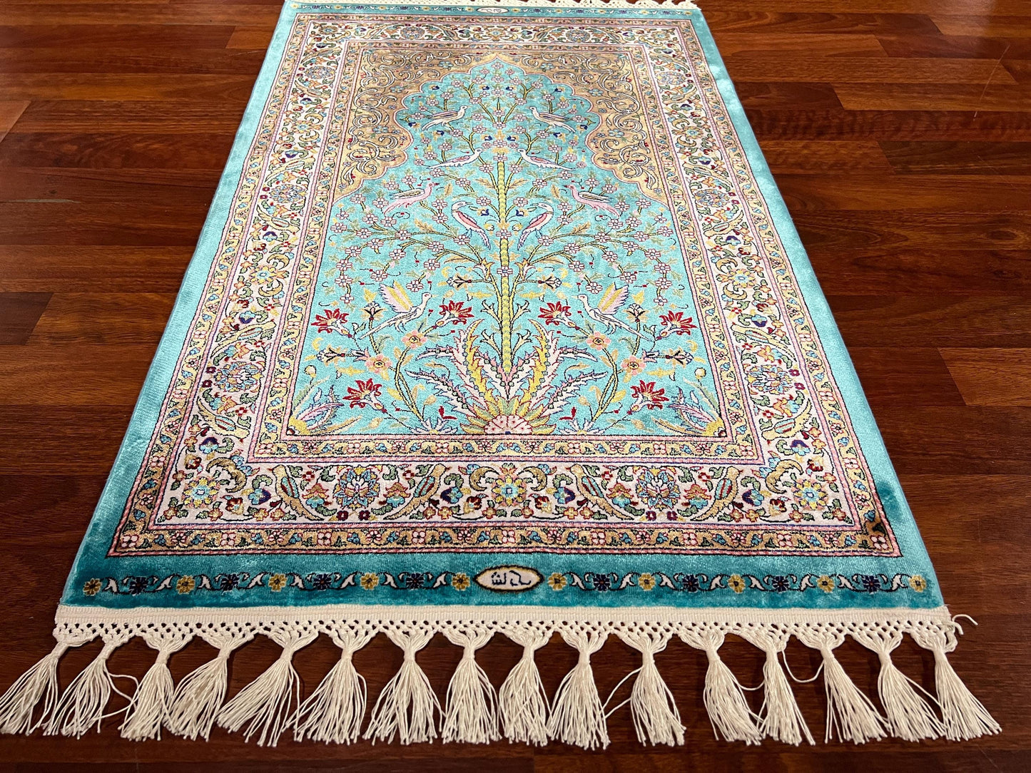 Turquoise Silk Prayer Rug, Bird Tree Motif Janamaz, Luxury Islamic Gift Mat