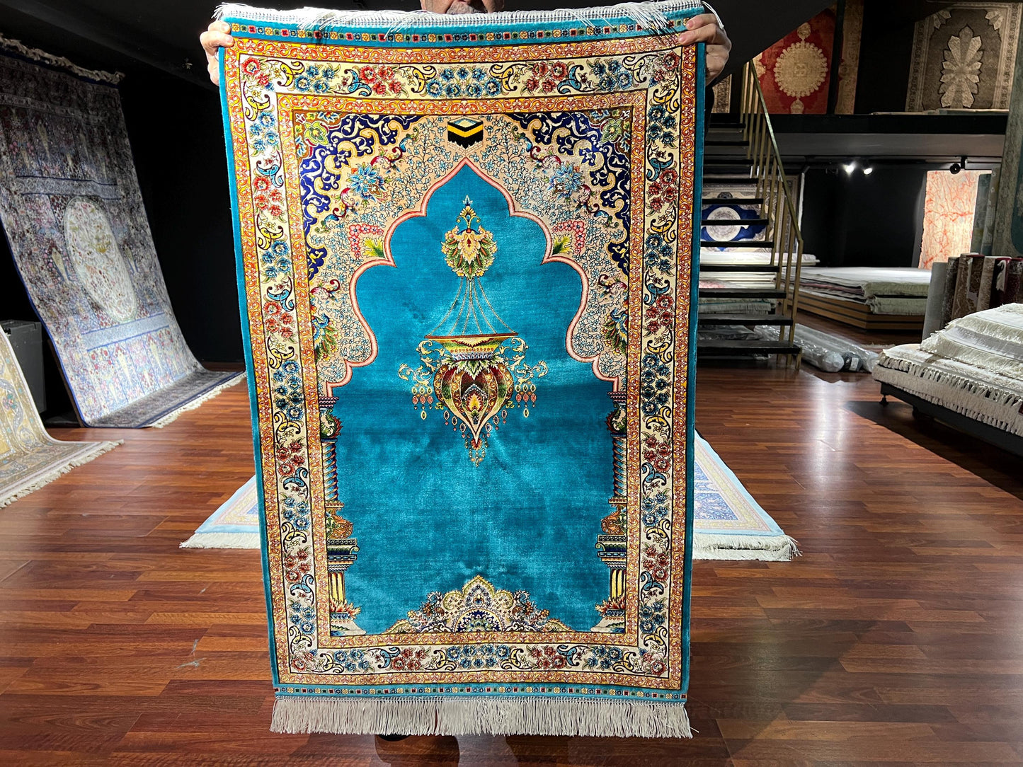Turquoise Gold Silk Prayer Rug, Mihrab Design Janamaz, Luxury Islamic Gift Mat