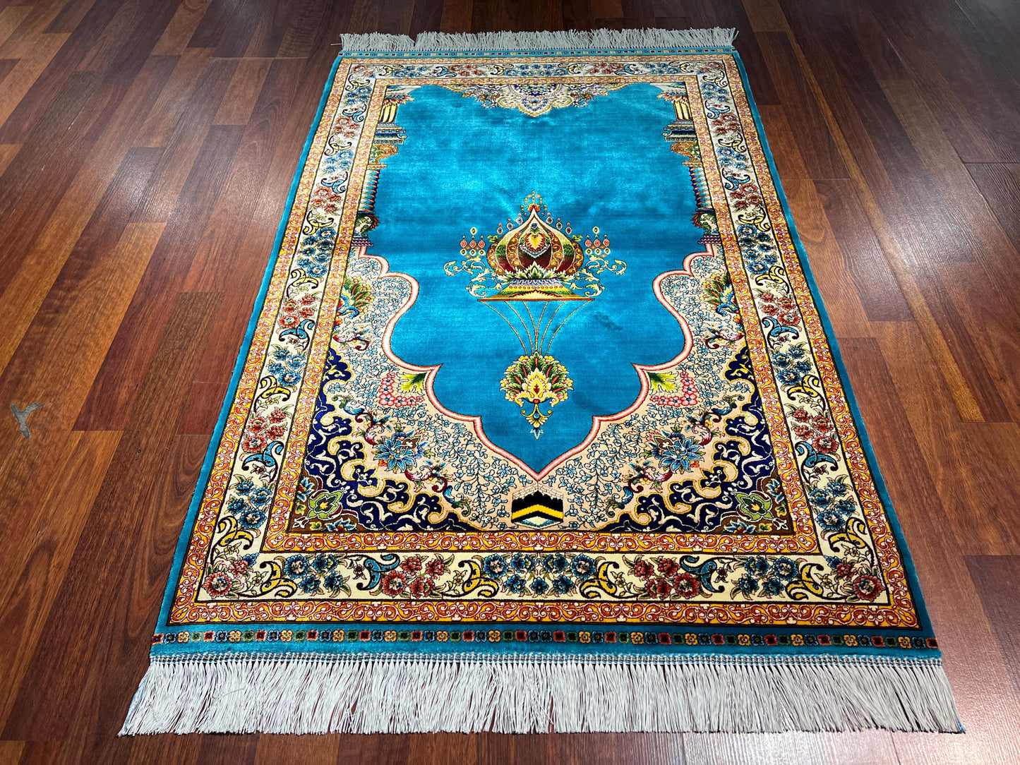 Turquoise Gold Silk Prayer Rug, Mihrab Design Janamaz, Luxury Islamic Gift Mat