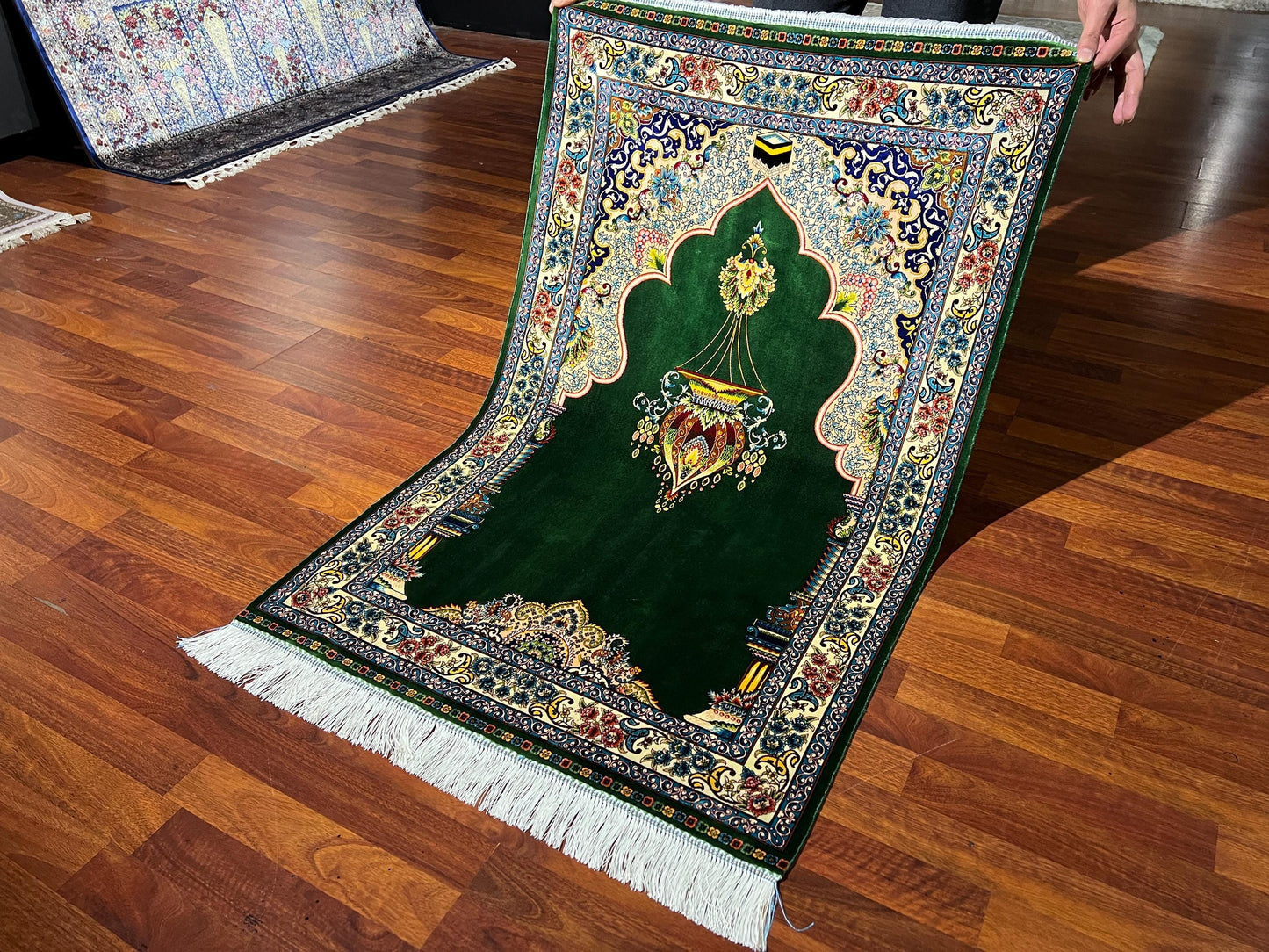 Emerald Green Silk Prayer Rug, Gold Mihrab Janamaz, Luxury Islamic Gift Mat