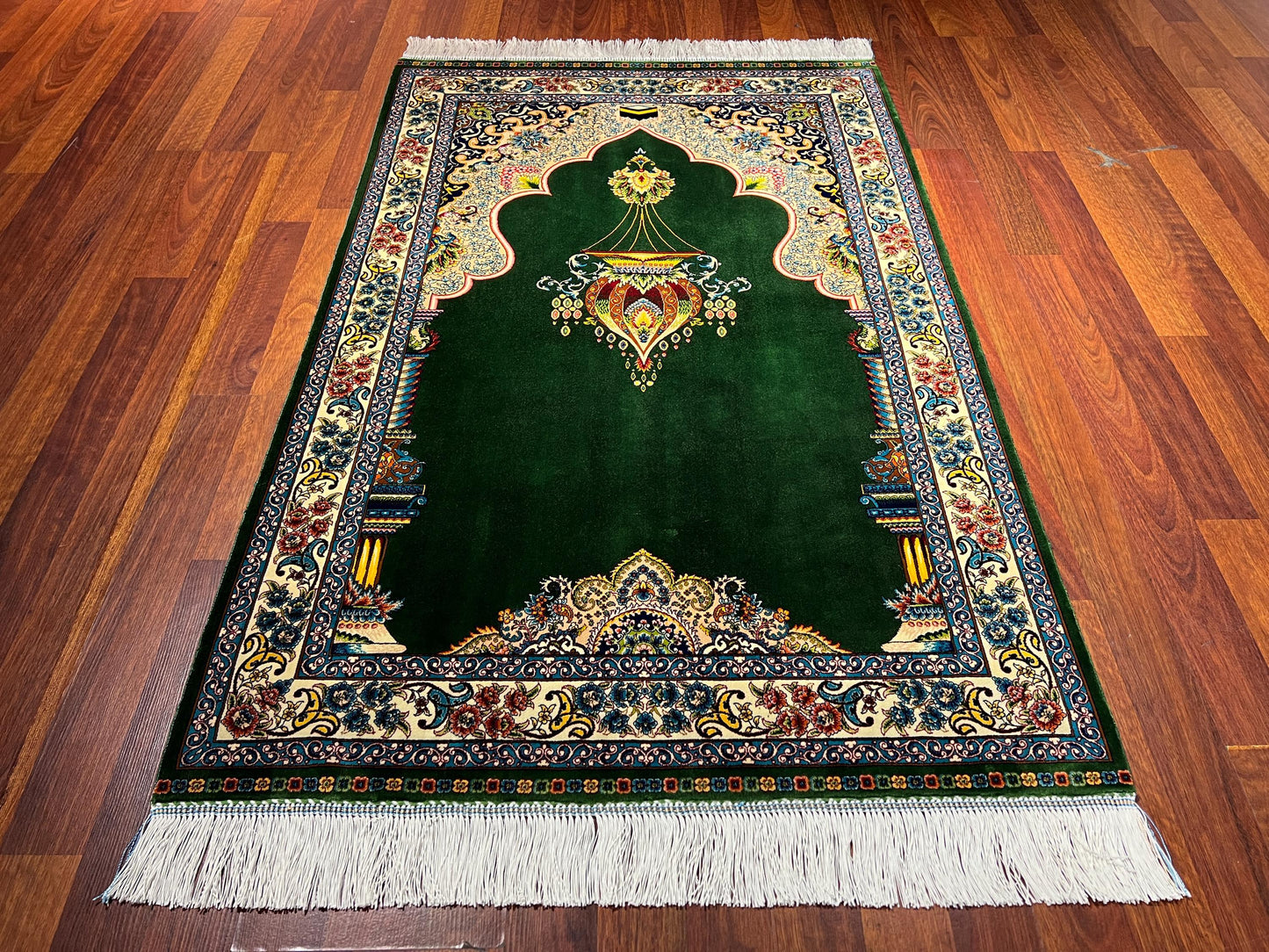 Emerald Green Silk Prayer Rug, Gold Mihrab Janamaz, Luxury Islamic Gift Mat