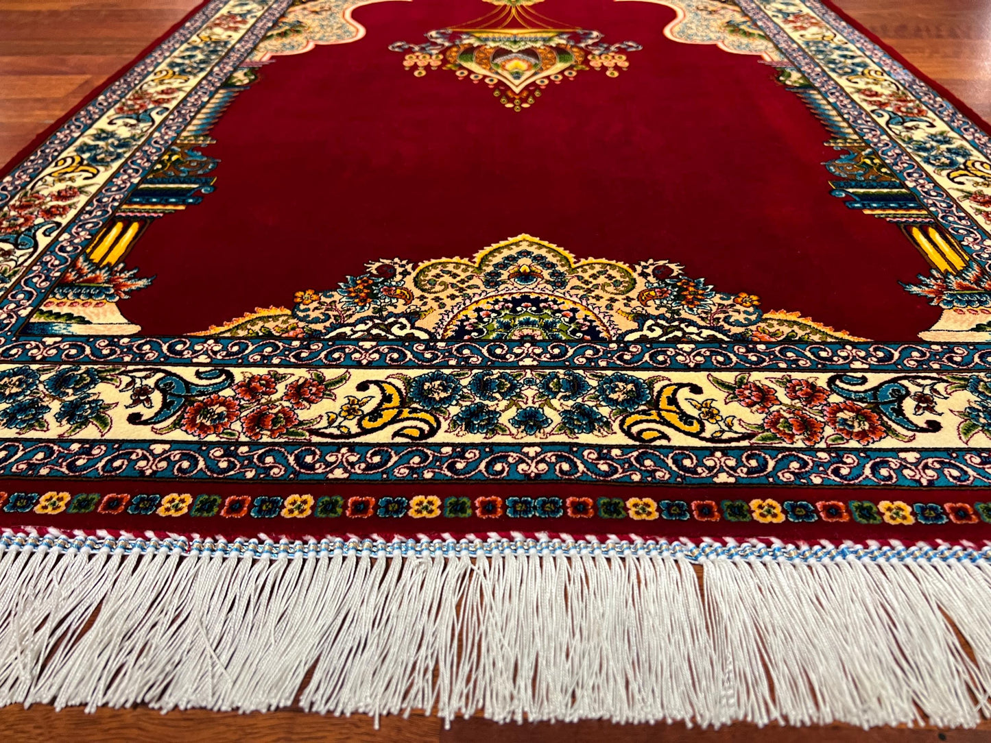 Red Gold Silk Prayer Rug, Ottoman Mihrab Janamaz, Luxury Islamic Gift Mat