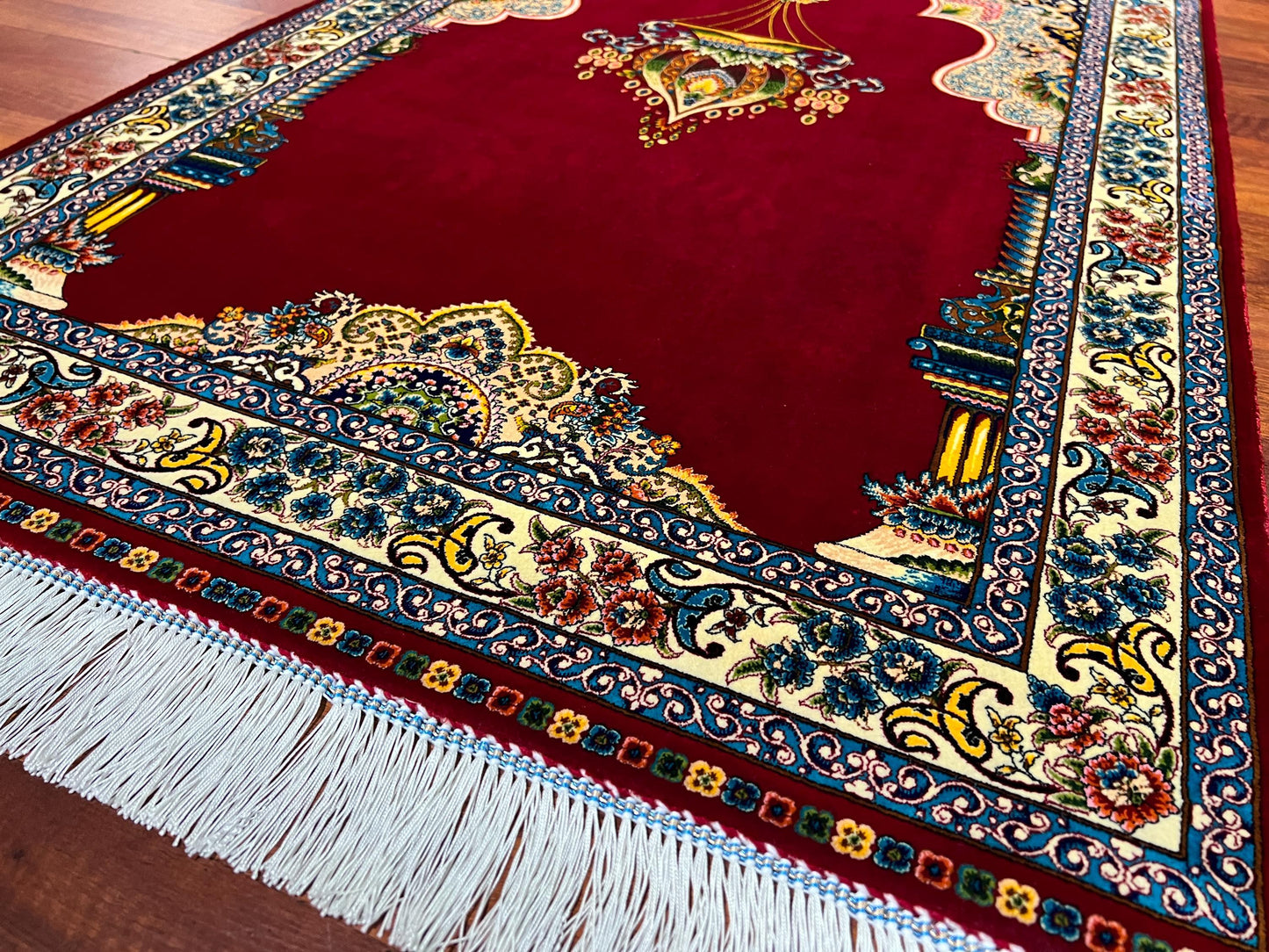 Red Gold Silk Prayer Rug, Ottoman Mihrab Janamaz, Luxury Islamic Gift Mat