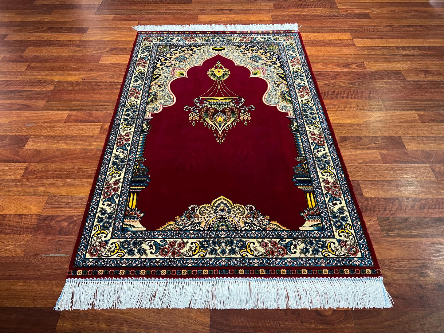 Red Gold Silk Prayer Rug, Ottoman Mihrab Janamaz, Luxury Islamic Gift Mat