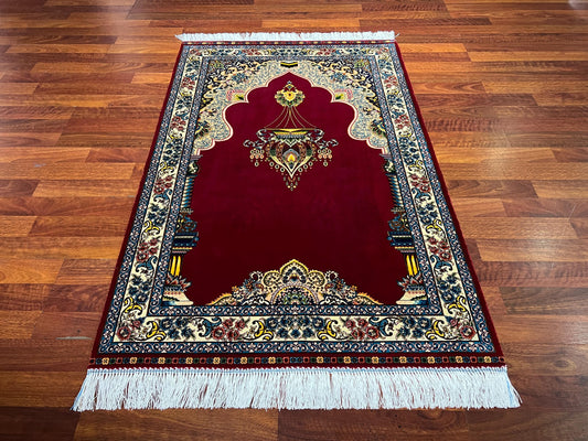 Red Gold Silk Prayer Rug, Ottoman Mihrab Janamaz, Luxury Islamic Gift Mat