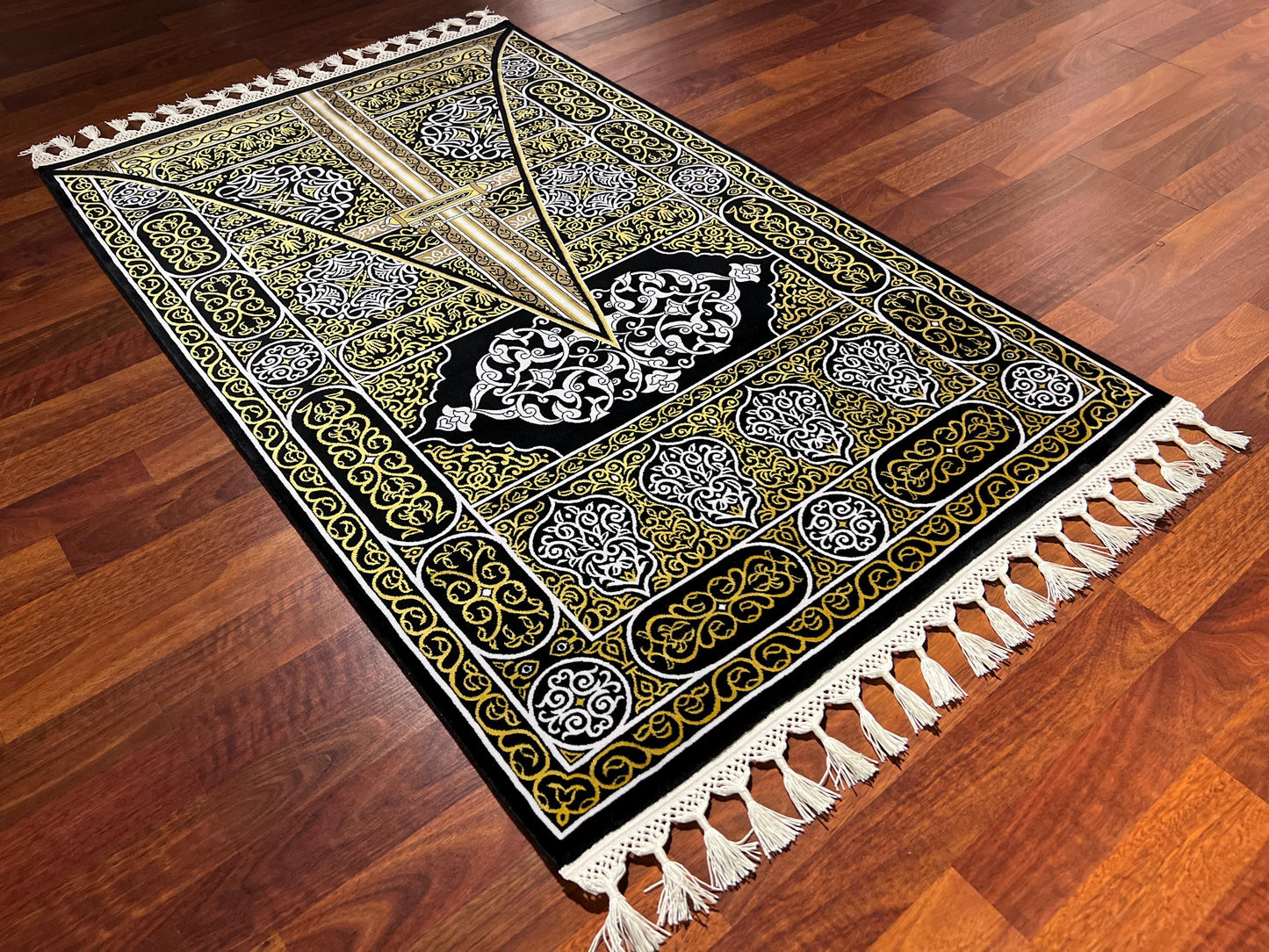 Kaaba Door Silk Prayer Rug, Black Gold Janamaz, Luxury Islamic Gift Mat