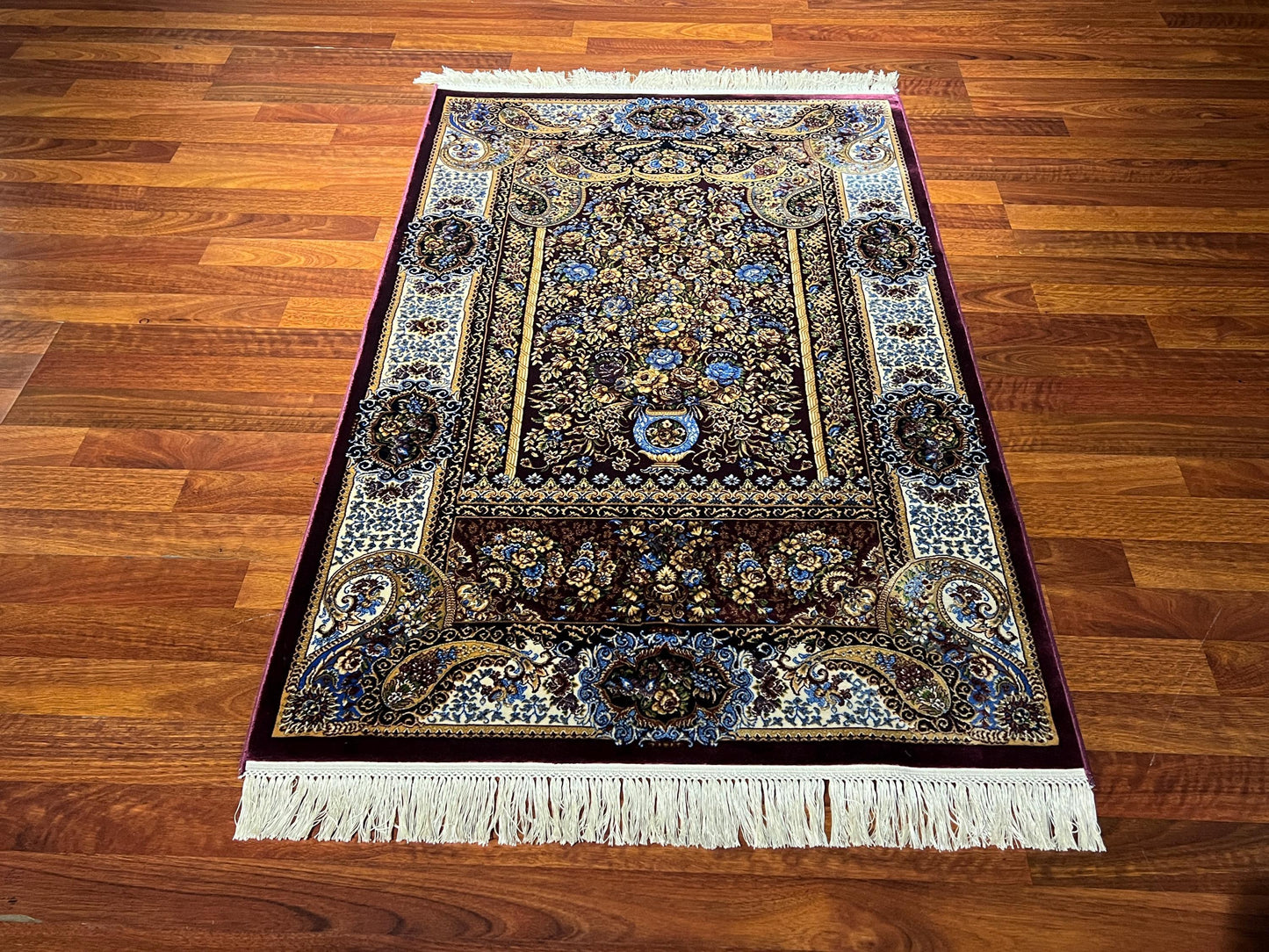 Burgundy Floral Silk Prayer Rug, Classic Medallion Janamaz, Luxury Islamic Gift