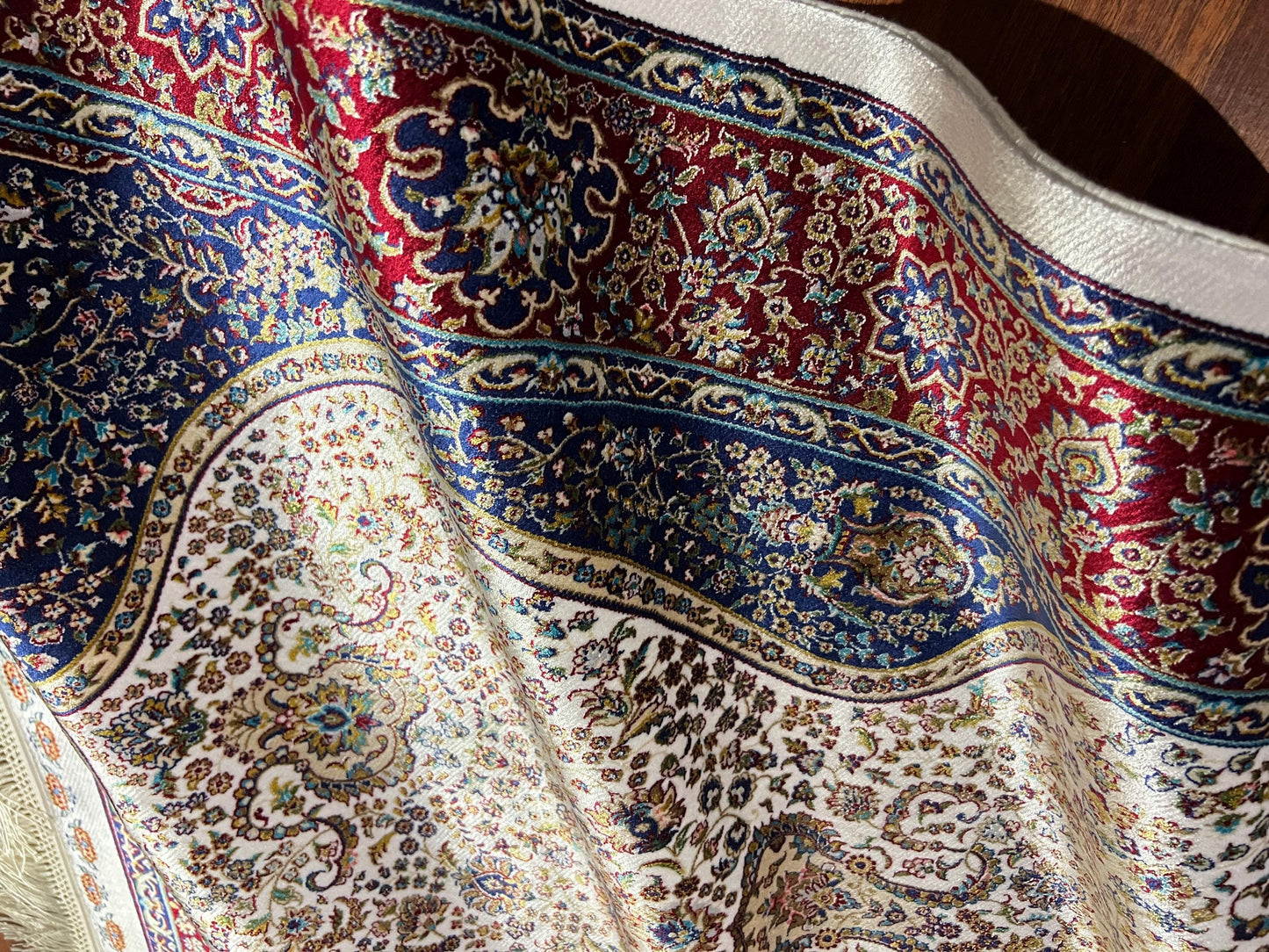 Cream Red Blue Silk Prayer Rug, Floral Mihrab Janamaz, Luxury Islamic Gift Rug