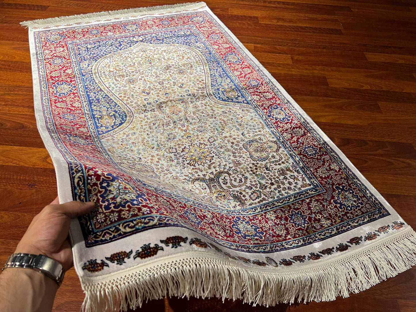 Cream Red Blue Silk Prayer Rug, Floral Mihrab Janamaz, Luxury Islamic Gift Rug