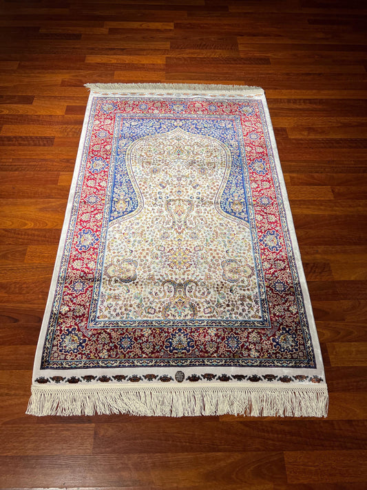 Cream Red Blue Silk Prayer Rug, Floral Mihrab Janamaz, Luxury Islamic Gift Rug