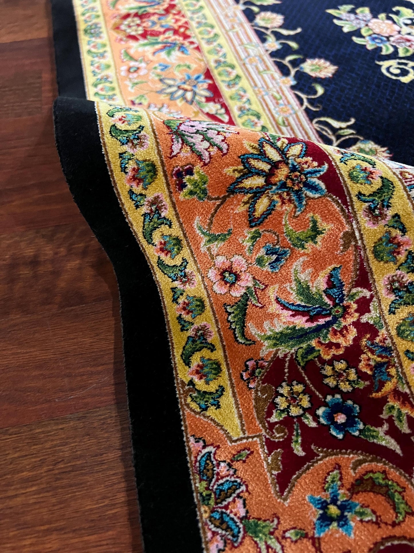 Navy Blue Gold Silk Prayer Rug, Luxury Janamaz, Floral Mihrab Islamic Gift Mat