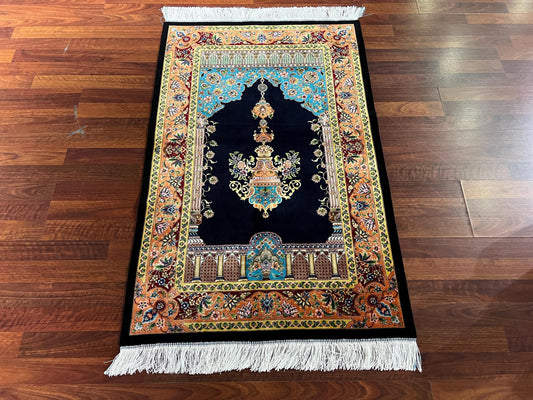 Navy Blue Gold Silk Prayer Rug, Luxury Janamaz, Floral Mihrab Islamic Gift Mat