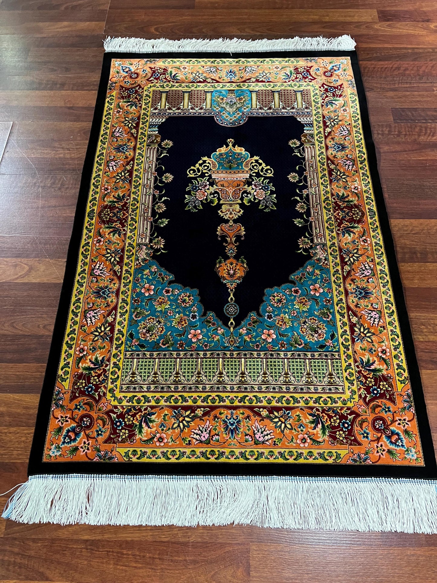 Navy Blue Gold Silk Prayer Rug, Luxury Janamaz, Floral Mihrab Islamic Gift Mat