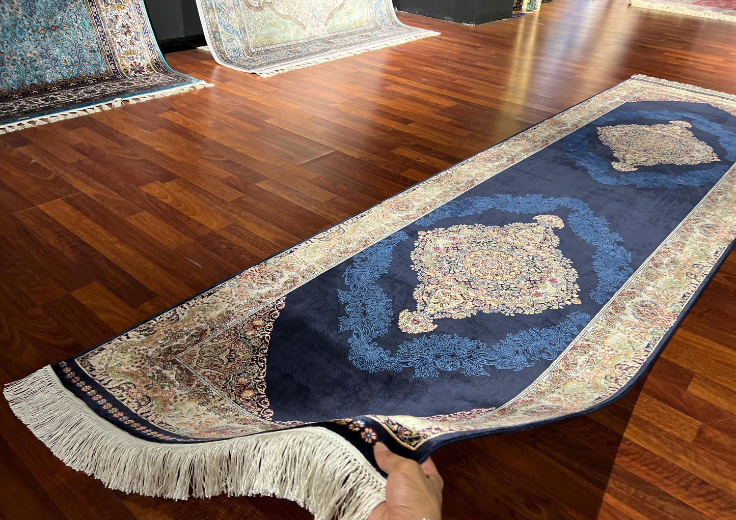 3x10 Blue Gold Silk Runner Rug, Turkish Area Rug, Oriental Hallway Rug, Luxury Carpet