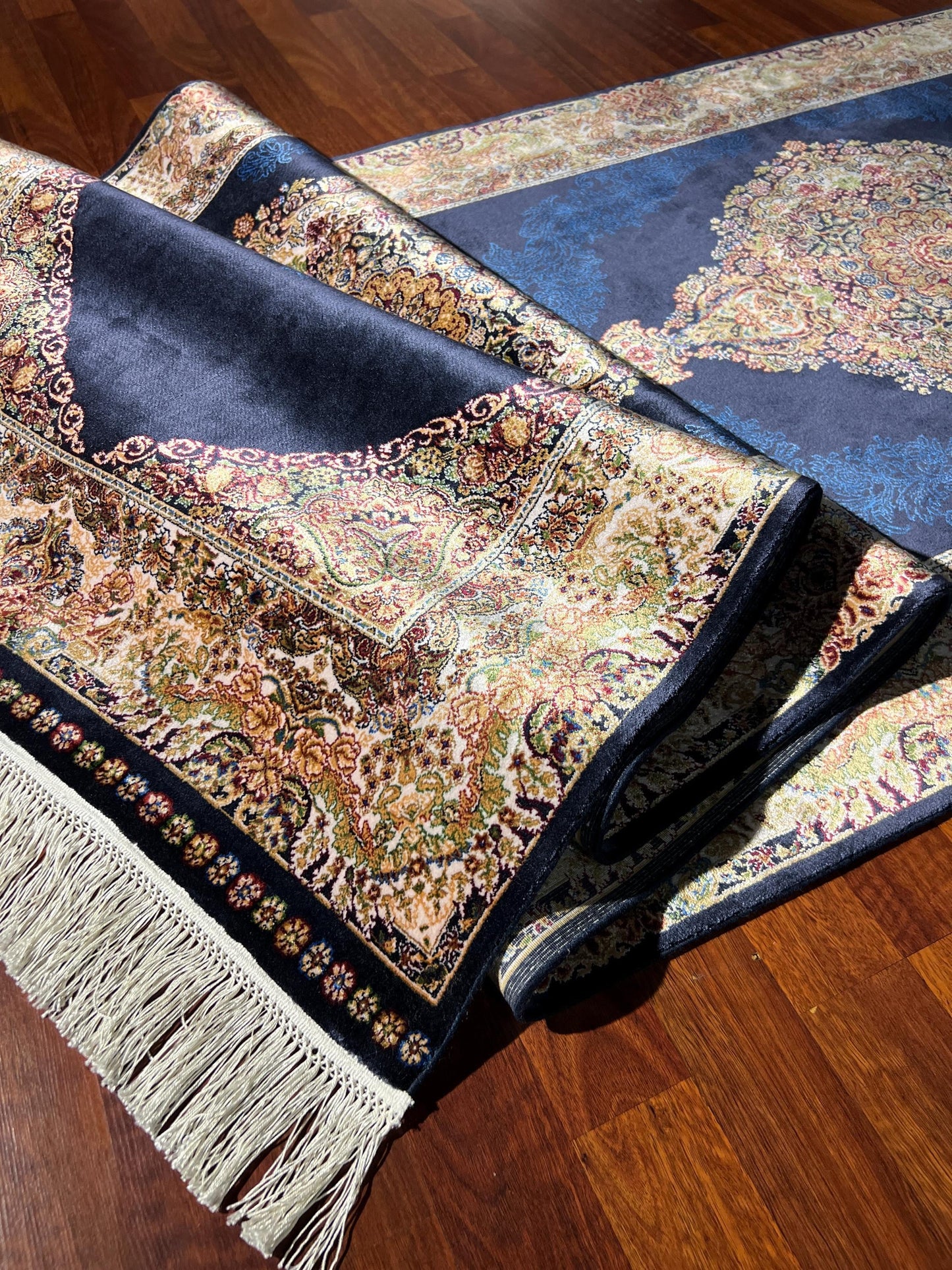 3x10 Blue Gold Silk Runner Rug, Turkish Area Rug, Oriental Hallway Rug, Luxury Carpet