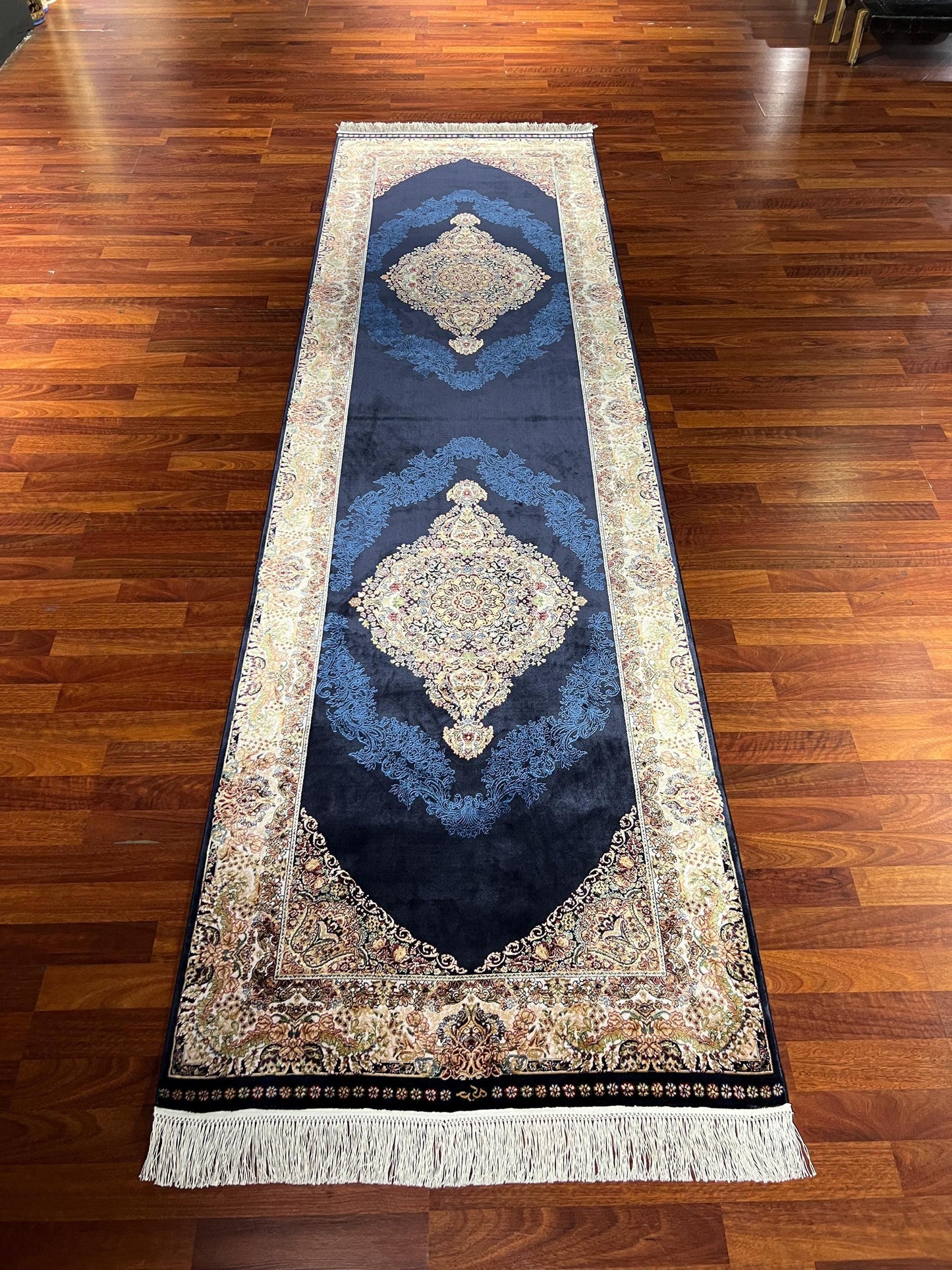 3x10 Blue Gold Silk Runner Rug, Turkish Area Rug, Oriental Hallway Rug, Luxury Carpet