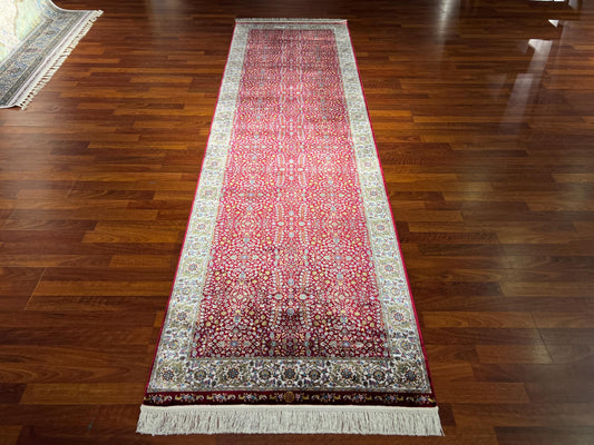 3x10 Red Silk Runner Rug, Turkish Area Rug, Floral Oriental Hallway Rug, Luxury Carpet