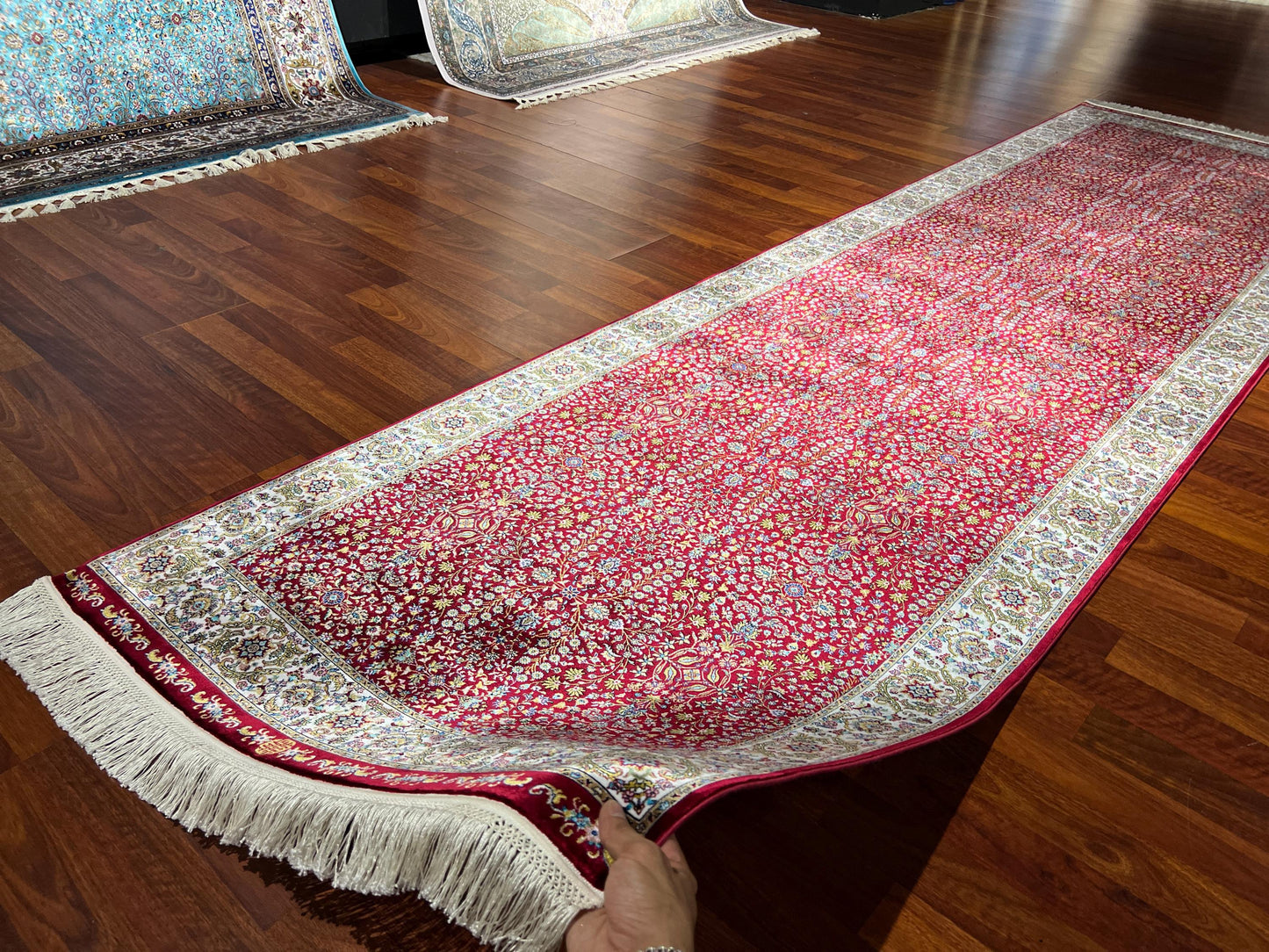 3x10 Red Silk Runner Rug, Turkish Area Rug, Floral Oriental Hallway Rug, Luxury Carpet