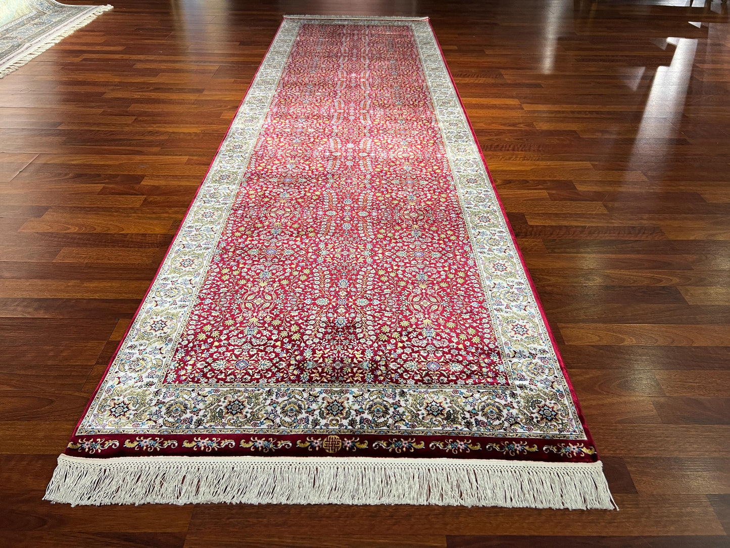 3x10 Red Silk Runner Rug, Turkish Area Rug, Floral Oriental Hallway Rug, Luxury Carpet