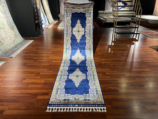 2.6x13ft Navy Blue Runner Rug, Floral Medallion Hallway Rug, Modal Silk Entryway Rug, Luxury Deco