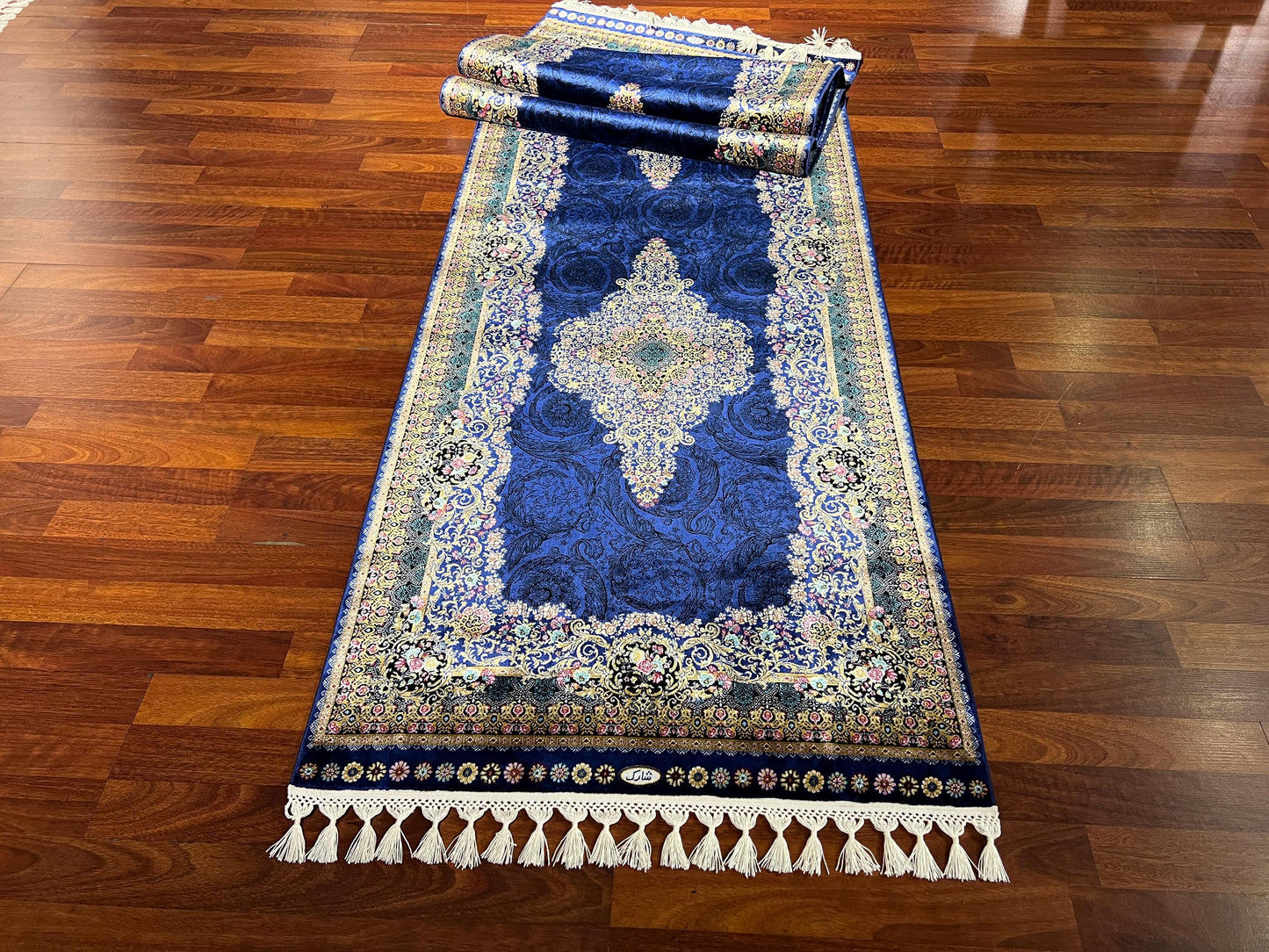 2.6x13ft Navy Blue Runner Rug, Floral Medallion Hallway Rug, Modal Silk Entryway Rug, Luxury Deco