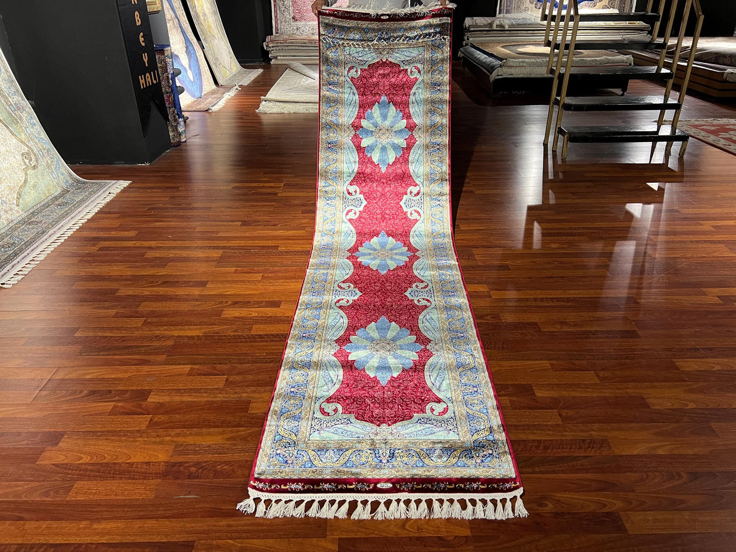 3x10 Red Silk Runner Rug, Turkish Area Rug, Floral Medallion Rug, Luxury Hallway Carpet