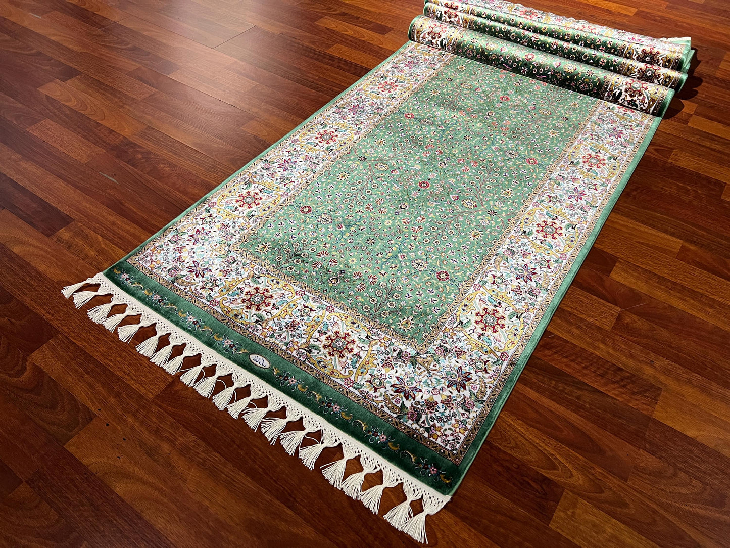 3x10 Green Silk Runner Rug, Turkish Area Rug, Floral Pattern Rug, Luxury Hallway Carpet