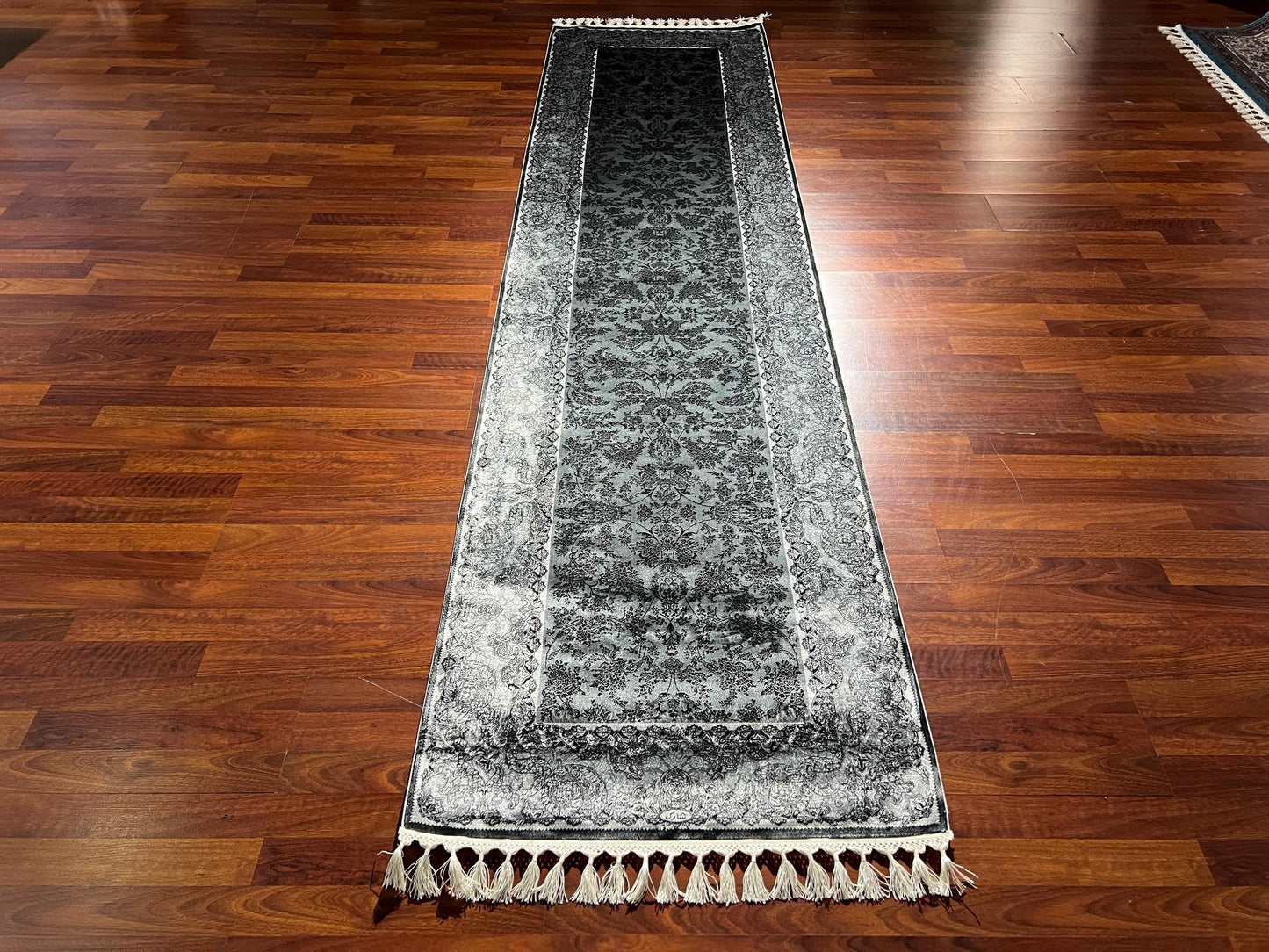 3x10 Gray Silk Runner Rug, Turkish Area Rug, Vintage Floral Rug, Luxury Hallway Carpet