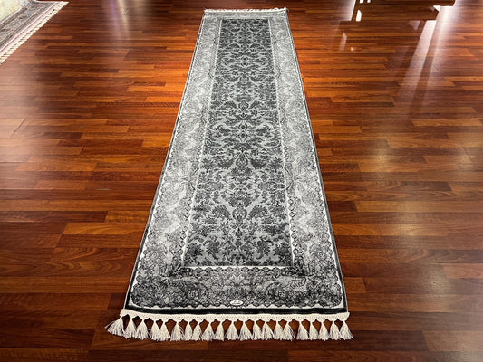 3x10 Gray Silk Runner Rug, Turkish Area Rug, Vintage Floral Rug, Luxury Hallway Carpet