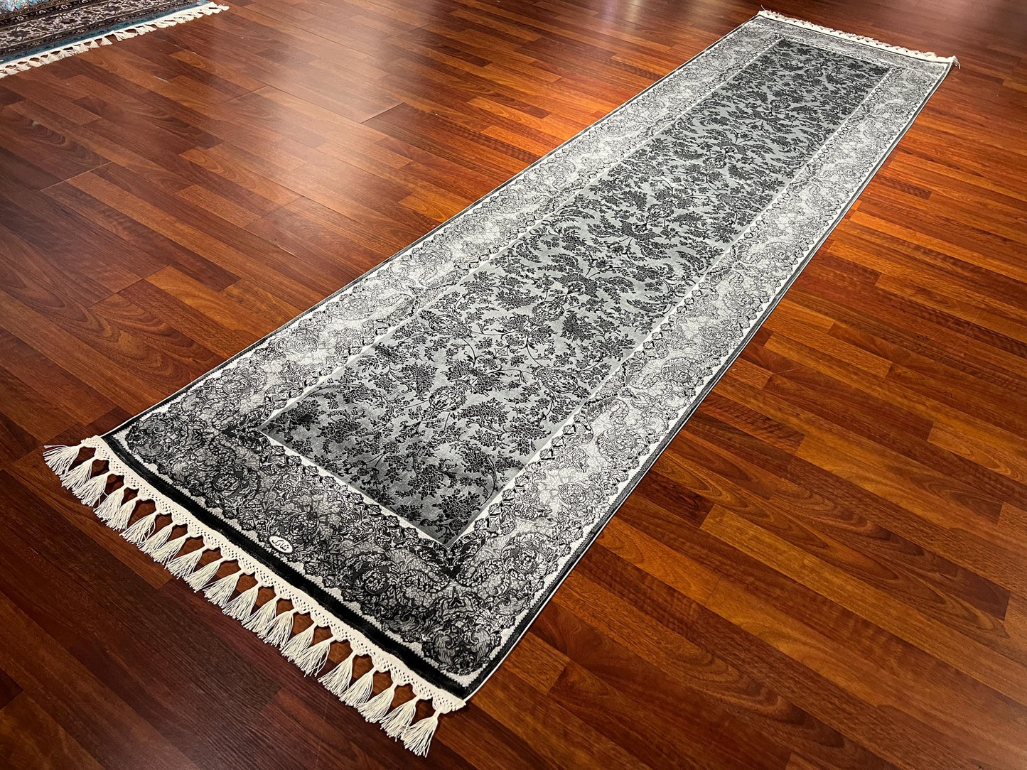 3x10 Gray Silk Runner Rug, Turkish Area Rug, Vintage Floral Rug, Luxury Hallway Carpet