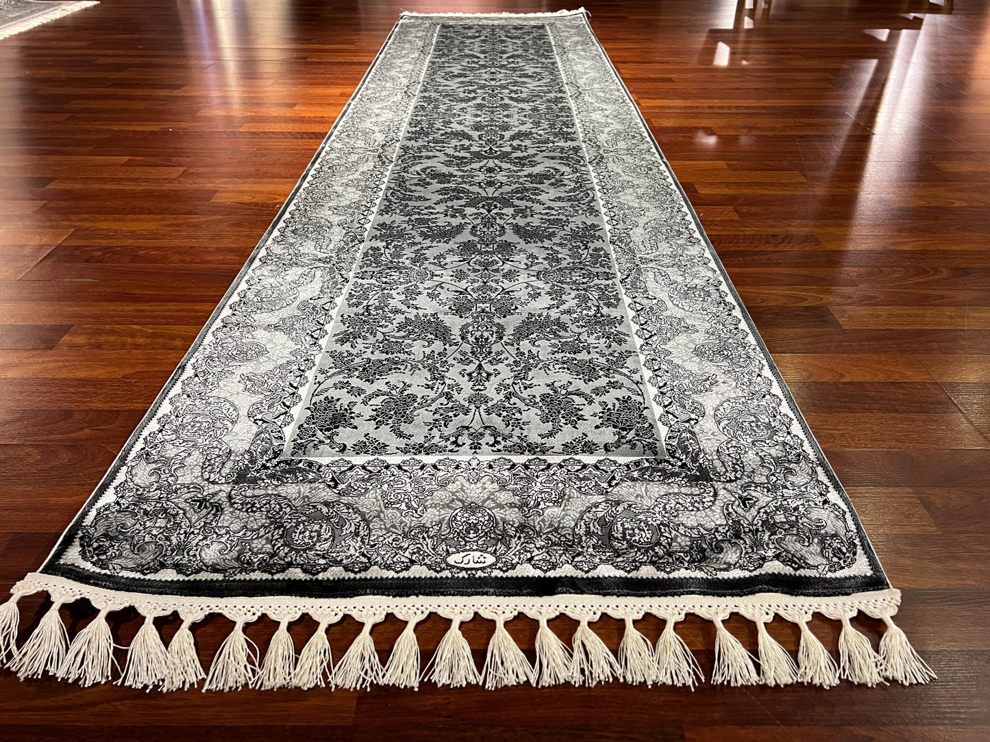 3x10 Gray Silk Runner Rug, Turkish Area Rug, Vintage Floral Rug, Luxury Hallway Carpet