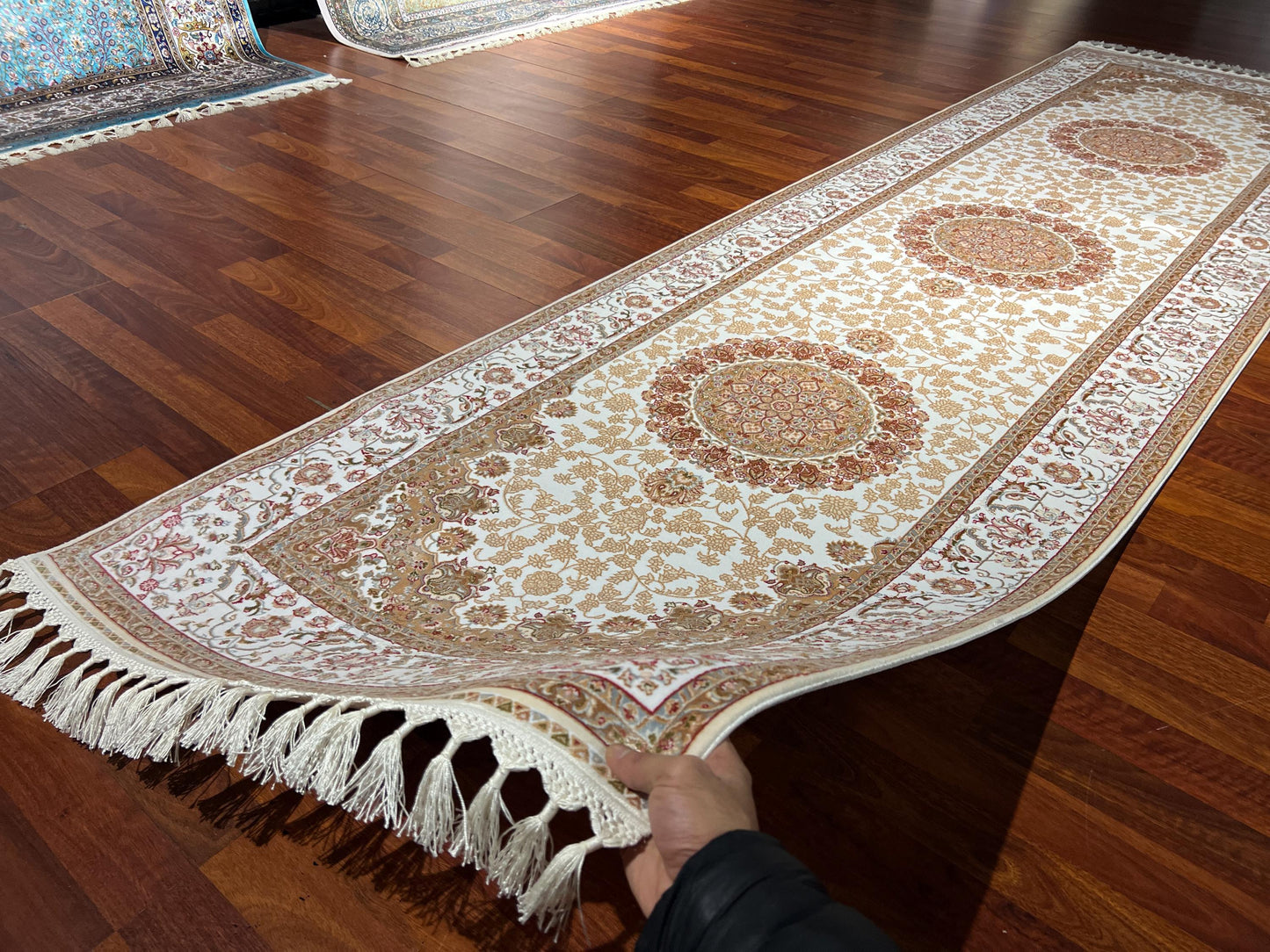 3x10 Bamboo Silk Runner Rug, Beige Medallion Rug, Turkish Area Rug, Luxury Hallway Carpet