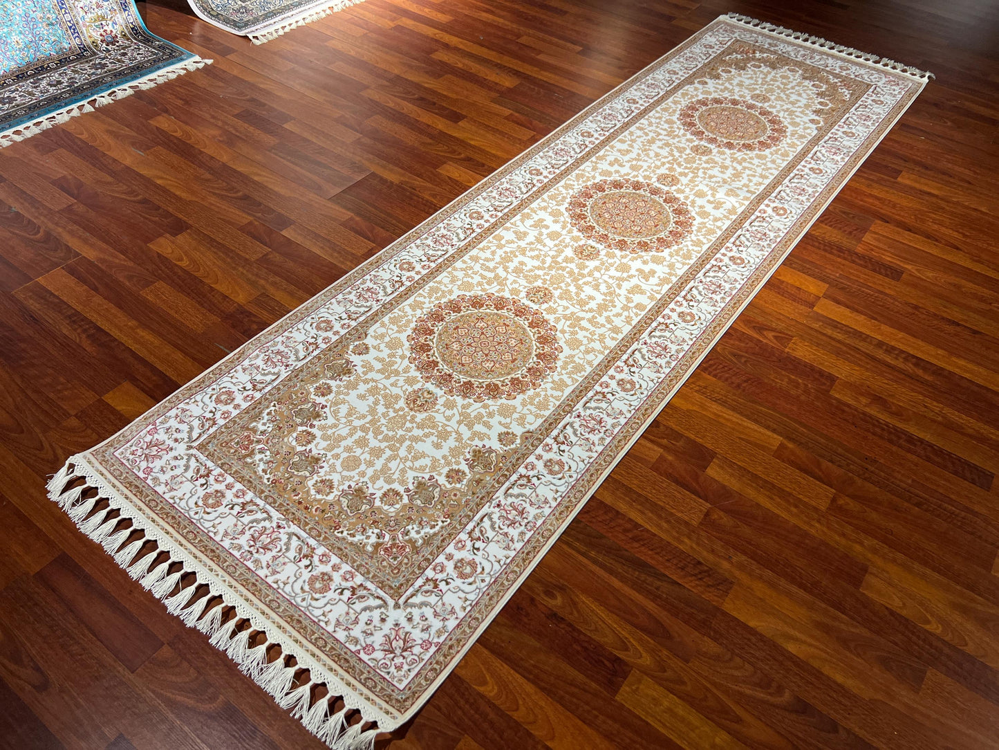 3x10 Bamboo Silk Runner Rug, Beige Medallion Rug, Turkish Area Rug, Luxury Hallway Carpet