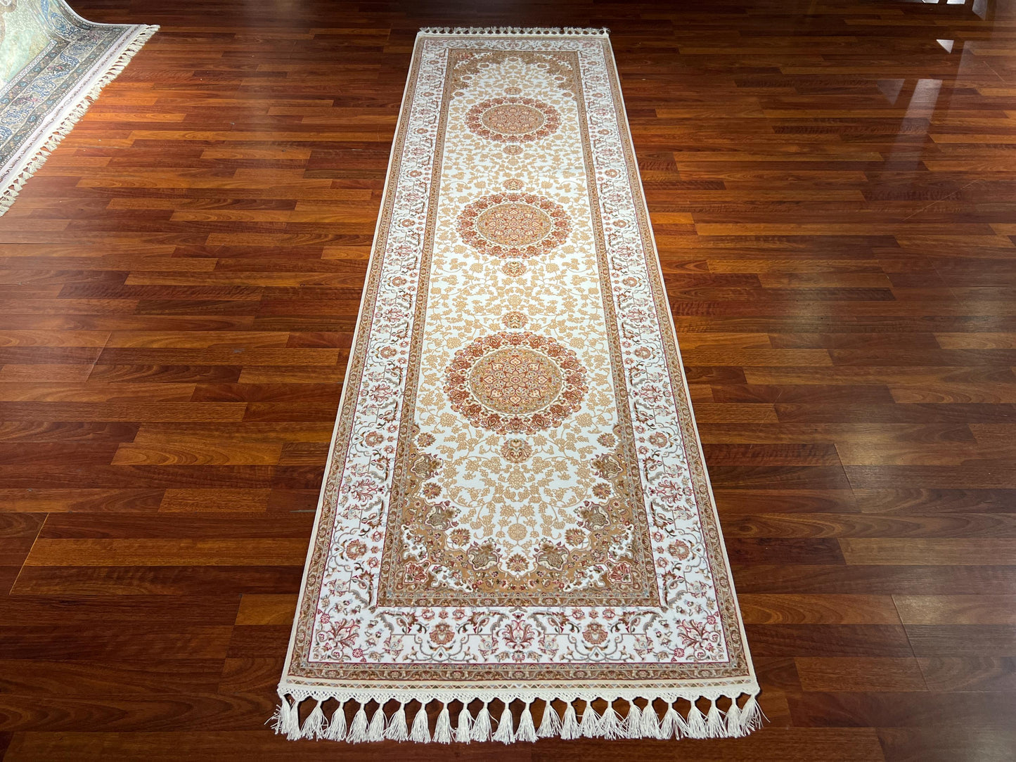 3x10 Bamboo Silk Runner Rug, Beige Medallion Rug, Turkish Area Rug, Luxury Hallway Carpet