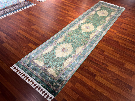 3x10 Green Silk Runner Rug, Turkish Area Rug, Floral Medallion Carpet, Hallway Rug