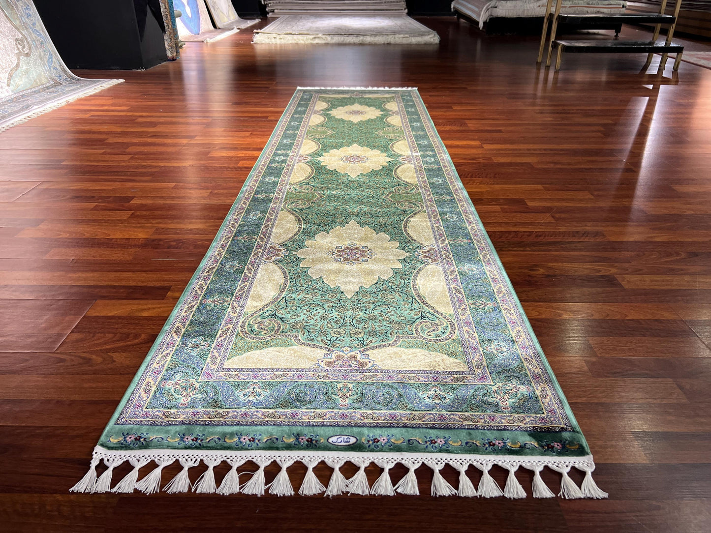 3x10 Green Silk Runner Rug, Turkish Area Rug, Floral Medallion Carpet, Hallway Rug
