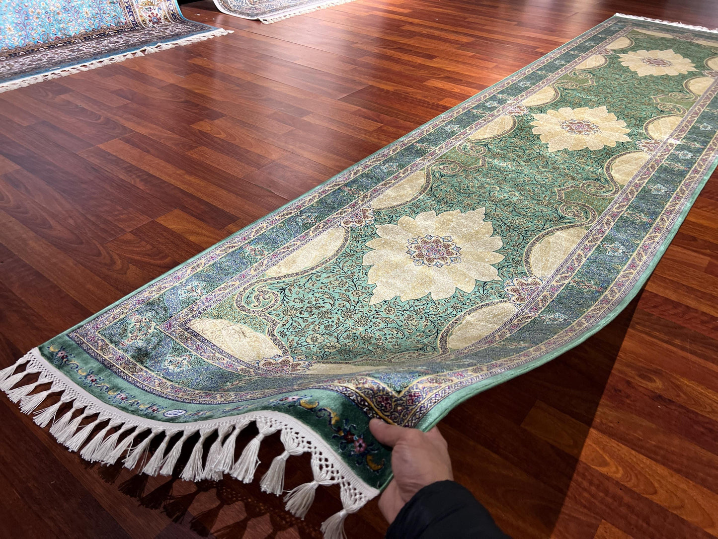 3x10 Green Silk Runner Rug, Turkish Area Rug, Floral Medallion Carpet, Hallway Rug