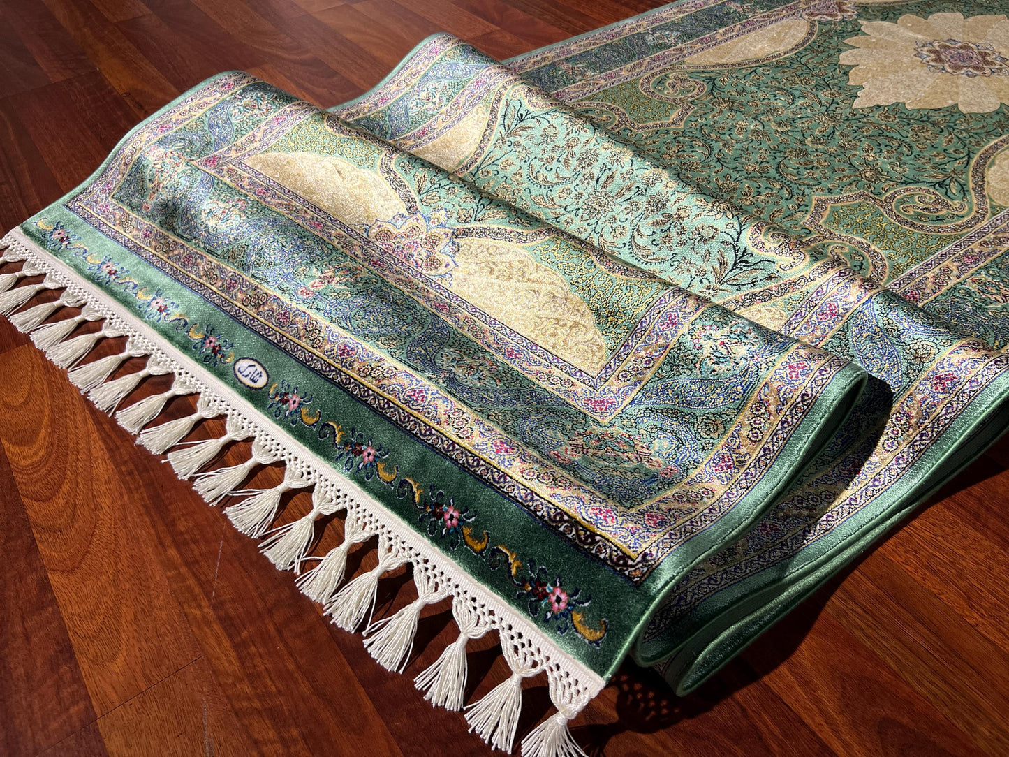3x10 Green Silk Runner Rug, Turkish Area Rug, Floral Medallion Carpet, Hallway Rug