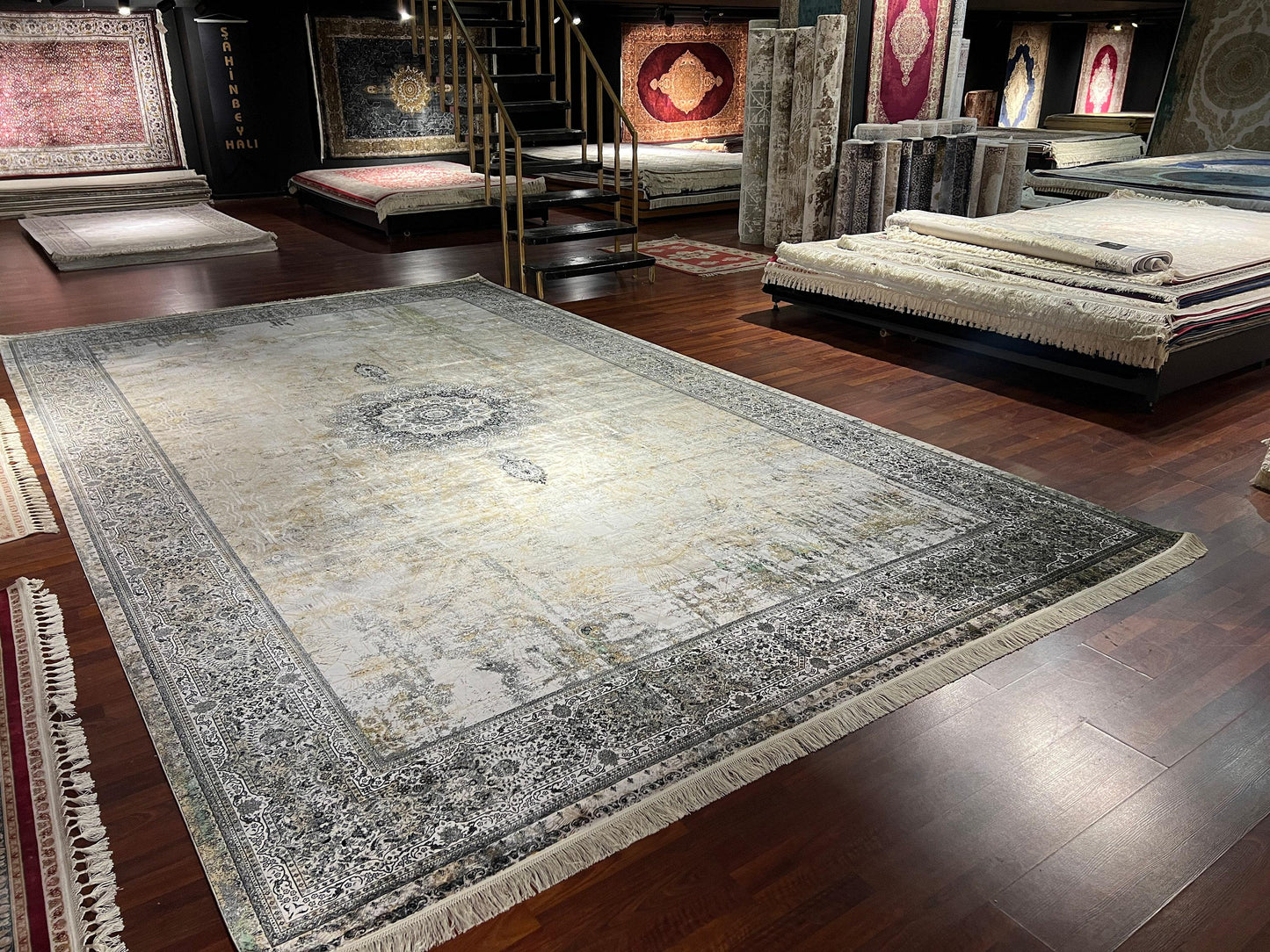 13x16ft Oversized Silk Rug, Beige Blue Oriental Carpet, Luxury Living Room Rug