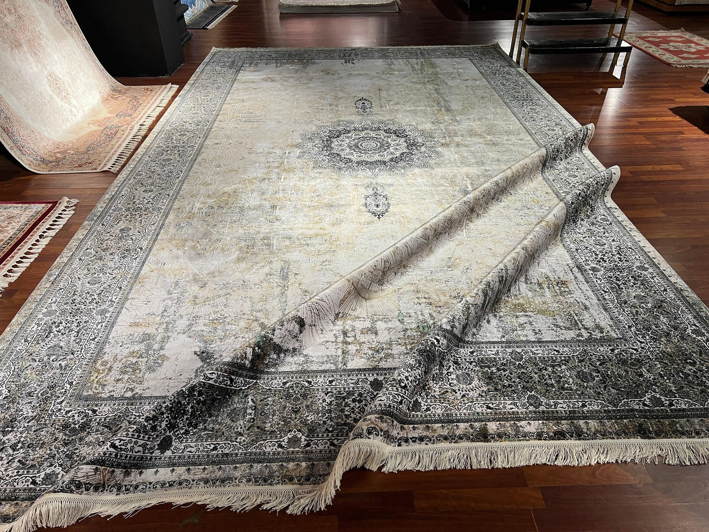 13x16ft Oversized Silk Rug, Beige Blue Oriental Carpet, Luxury Living Room Rug