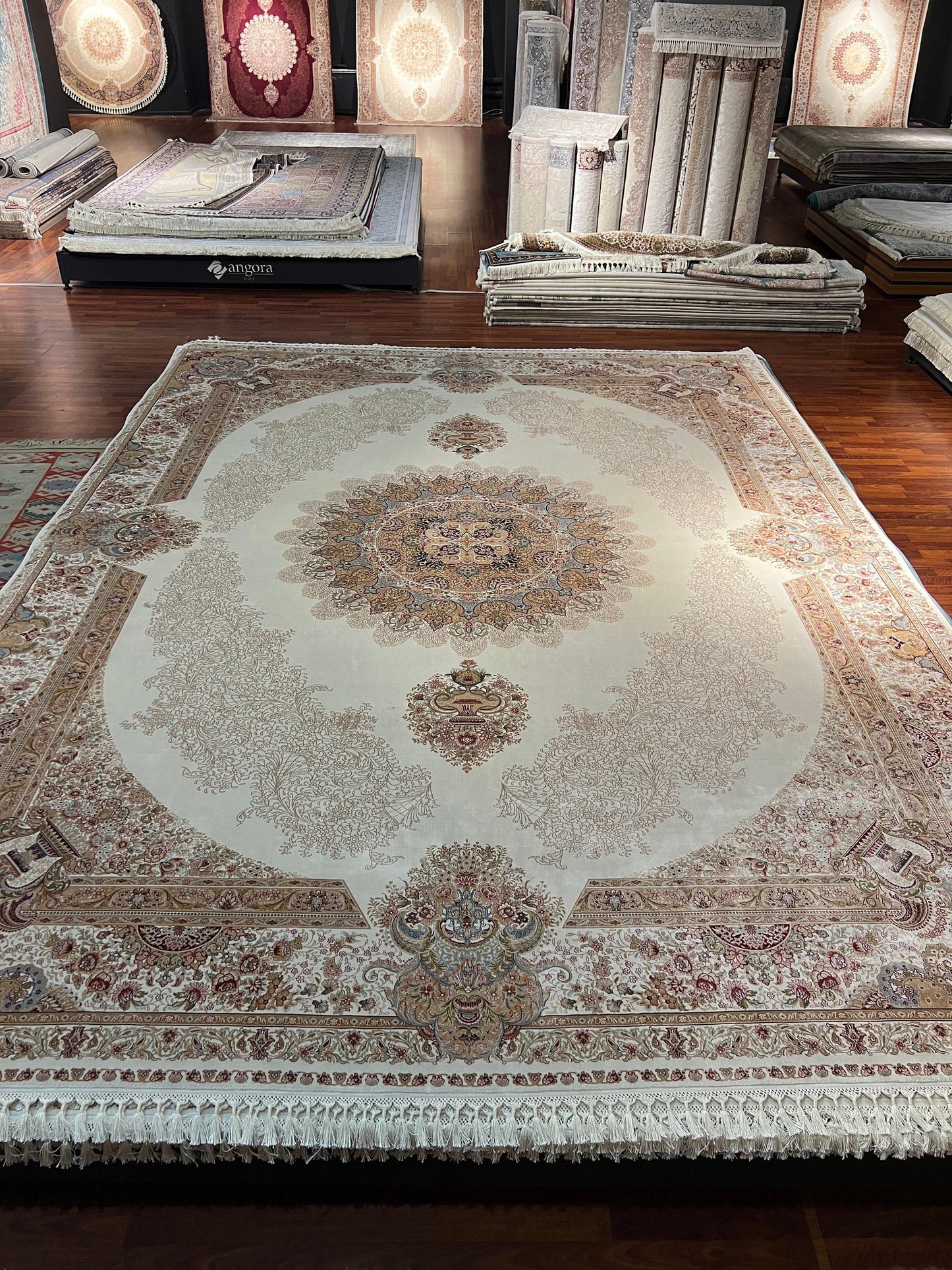 10x13 Beige Silk Rug, Luxury Living Room Carpet, Traditional Turkish Silk Rug