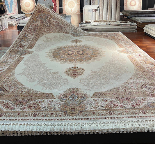 10x13 Beige Silk Rug, Luxury Living Room Carpet, Traditional Turkish Silk Rug