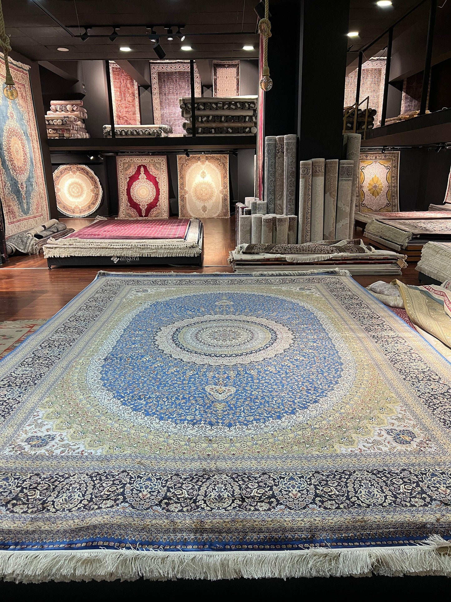 10x13 Blue Silk Rug, Luxury Living Room Carpet, Traditional Oriental Bamboo Silk Rug
