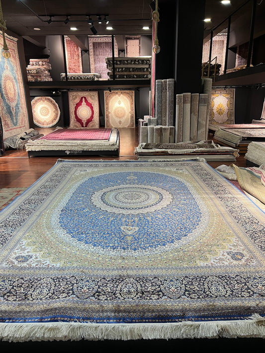 10x13 Blue Silk Rug, Luxury Living Room Carpet, Traditional Oriental Bamboo Silk Rug