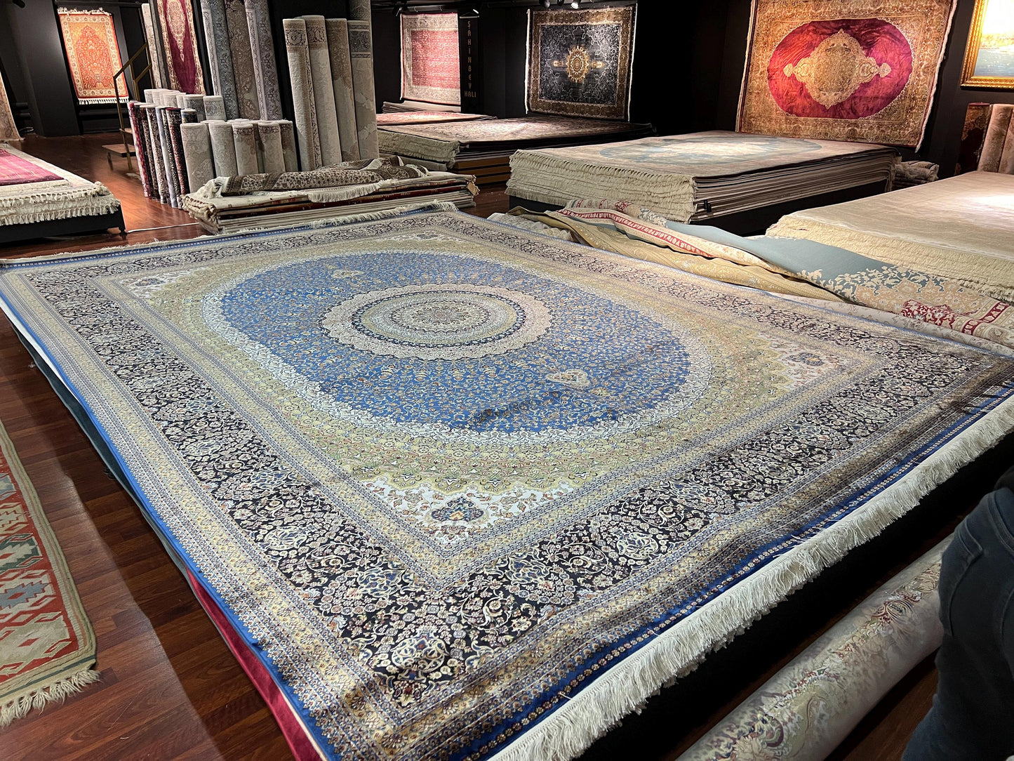 10x13 Blue Silk Rug, Luxury Living Room Carpet, Traditional Oriental Bamboo Silk Rug