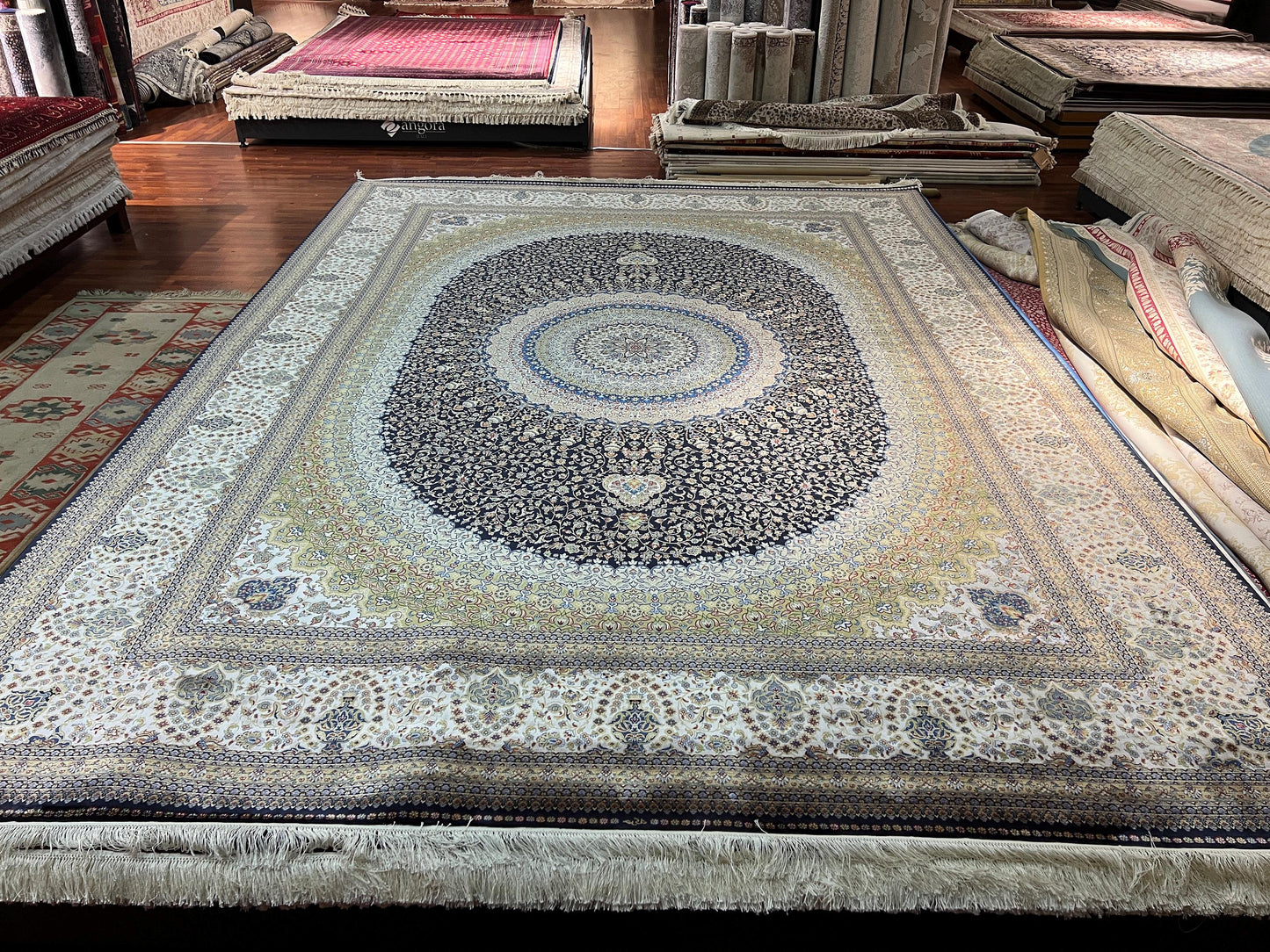 10x13 Gold Silk Rug, Luxury Living Room Carpet, Traditional Oriental Silk Rug