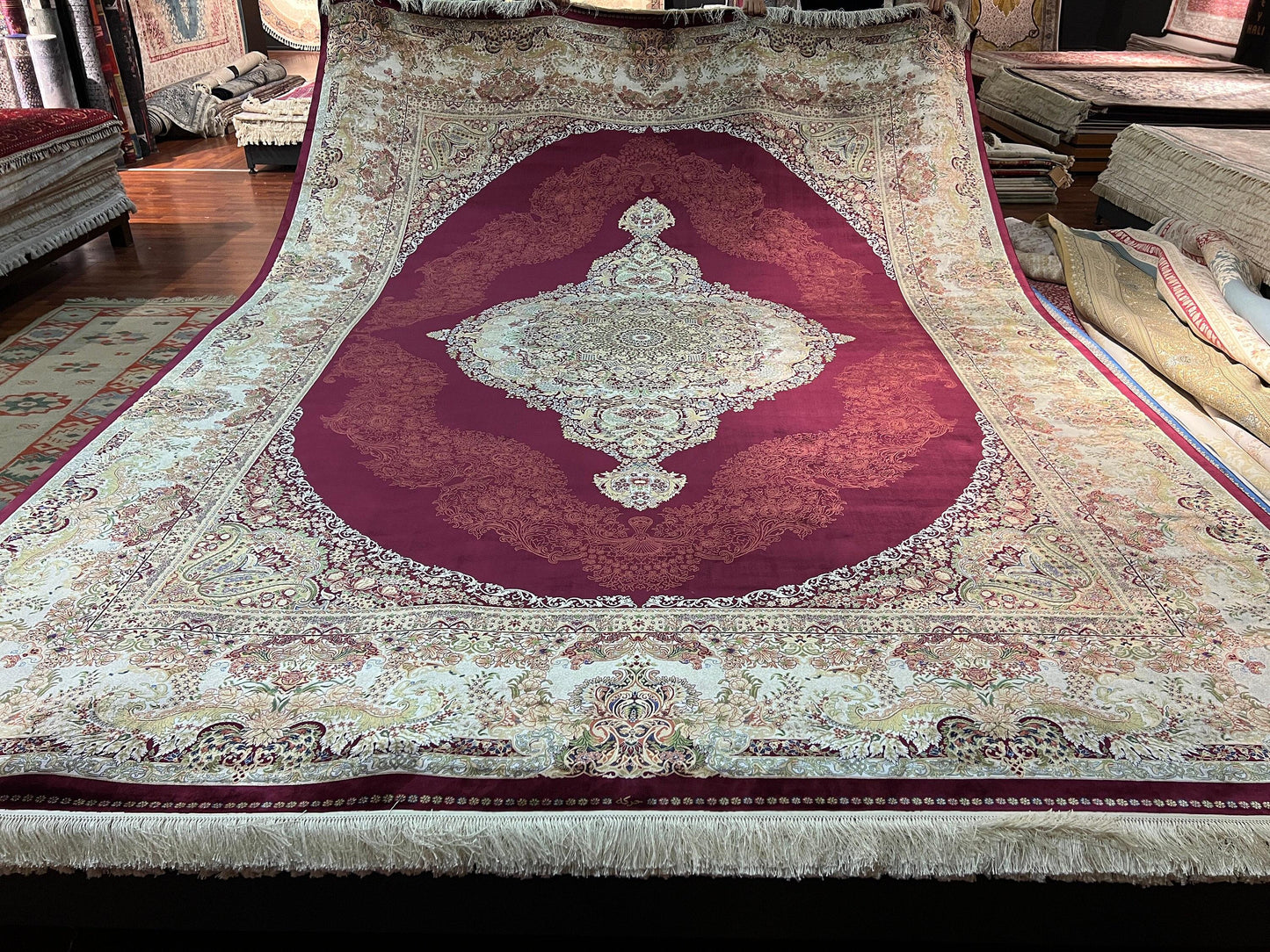 10x13 Red Beige Silk Rug, Luxury Living Room Carpet, Traditional Palace Silk Rug