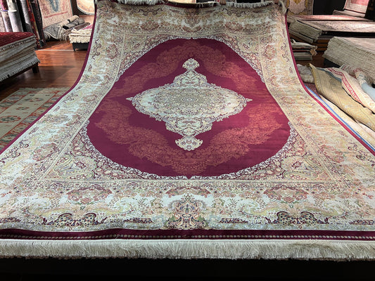 10x13 Red Beige Silk Rug, Luxury Living Room Carpet, Traditional Palace Silk Rug