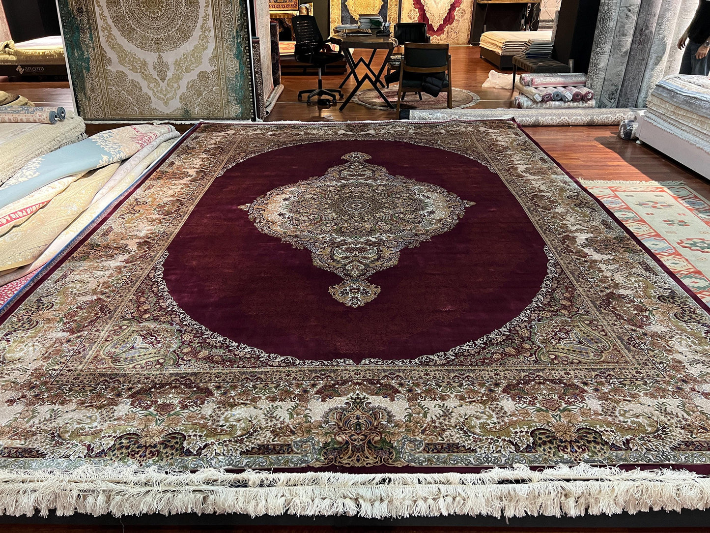 10x13 Red Beige Silk Rug, Luxury Living Room Carpet, Traditional Palace Silk Rug